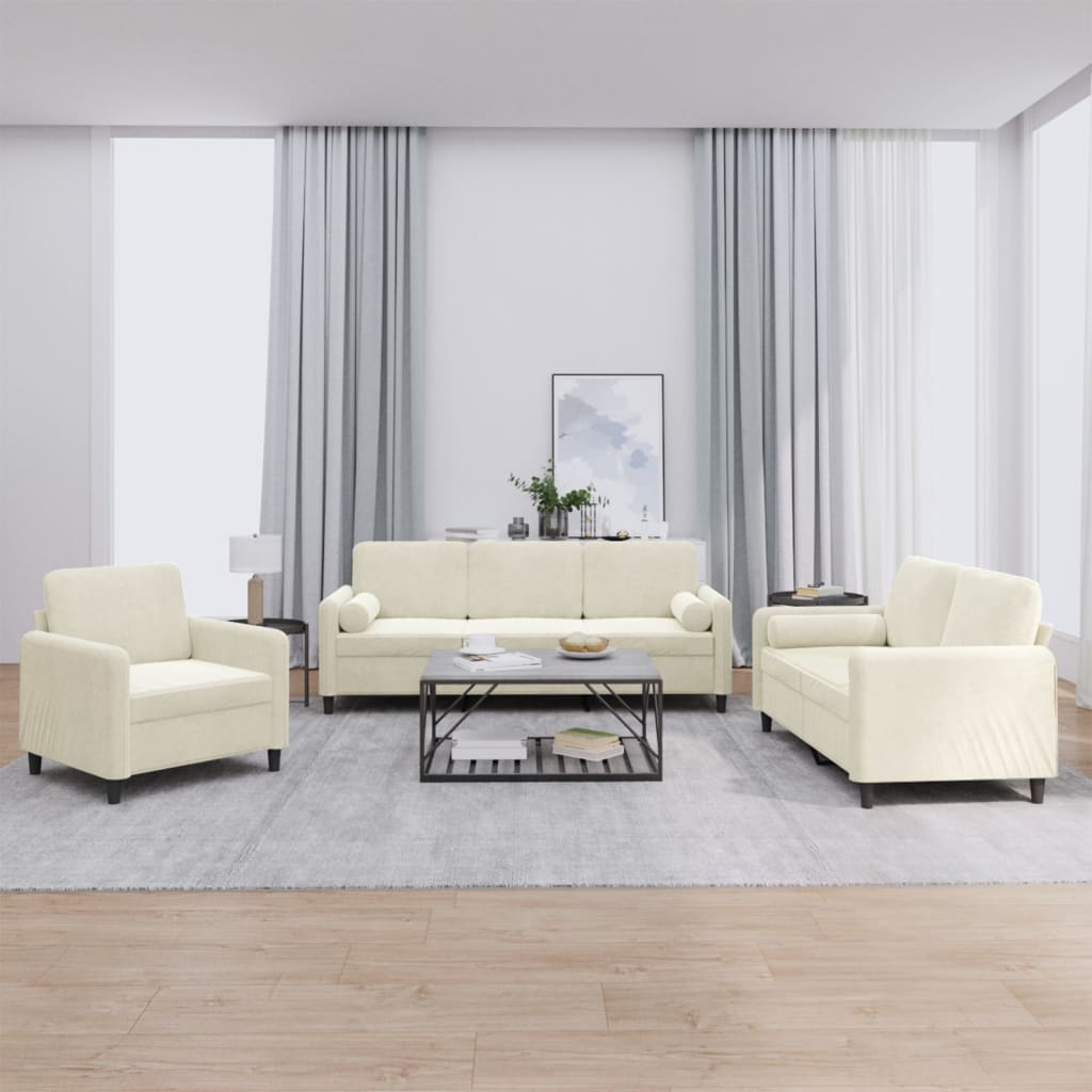 3 Pcs conjunto de sofás com almofadas veludo cor creme
