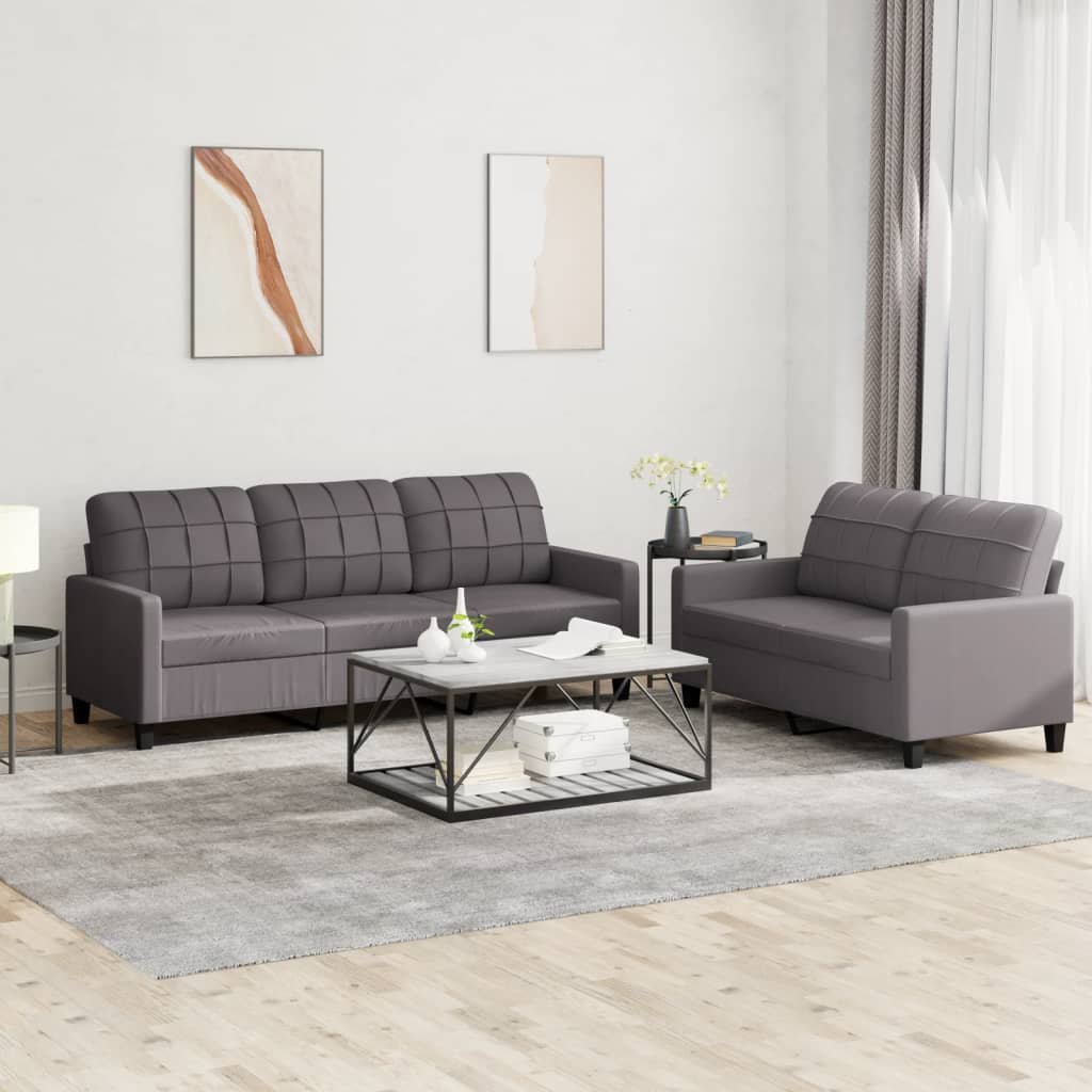 2 Pcs conjunto de sofás c/ almofadões couro artificial cinzento