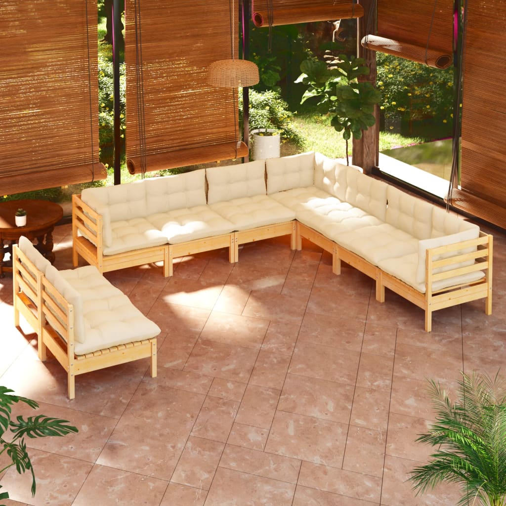 9 Pcs conjunto lounge jardim c/ almofadões creme pinho maciço