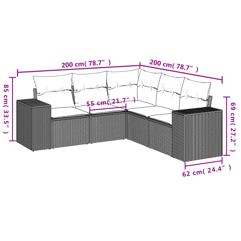5 Pcs conjunto de sofás p/ jardim com almofadões vime PE bege