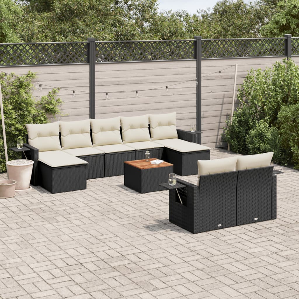 10 Pcs conjunto sofás de jardim c/ almofadões vime PE preto