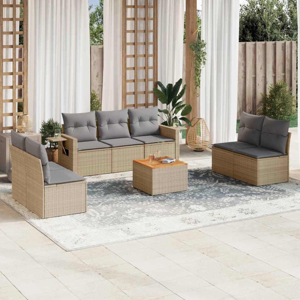 8 Pcs conjunto de sofás p/ jardim com almofadões vime PE bege