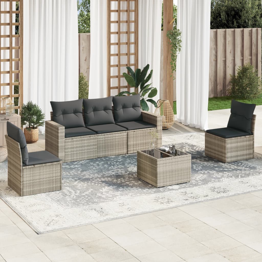 6 Pcs conj. sofás jardim com almofadões vime PE cinzento-claro