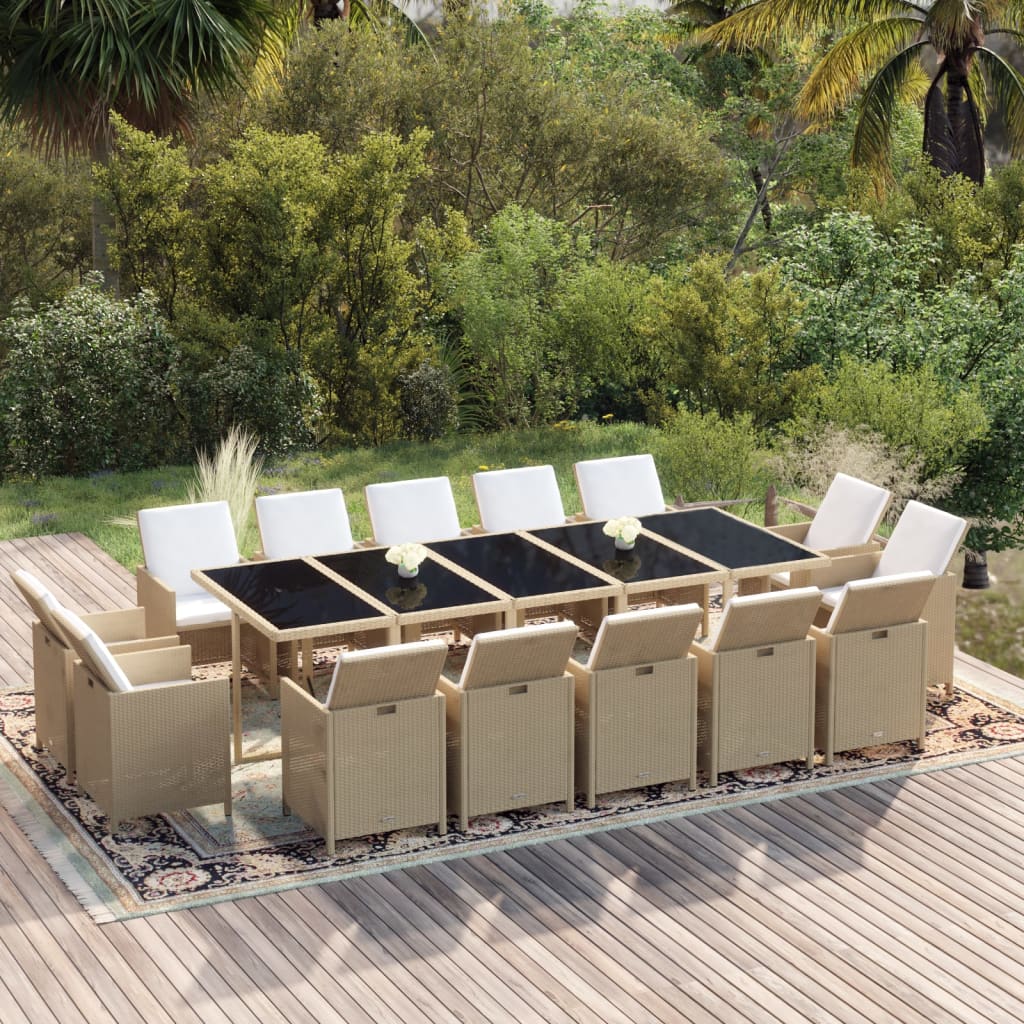 15 Pcs conjunto jantar p/ jardim c/ almofadões vime PE bege