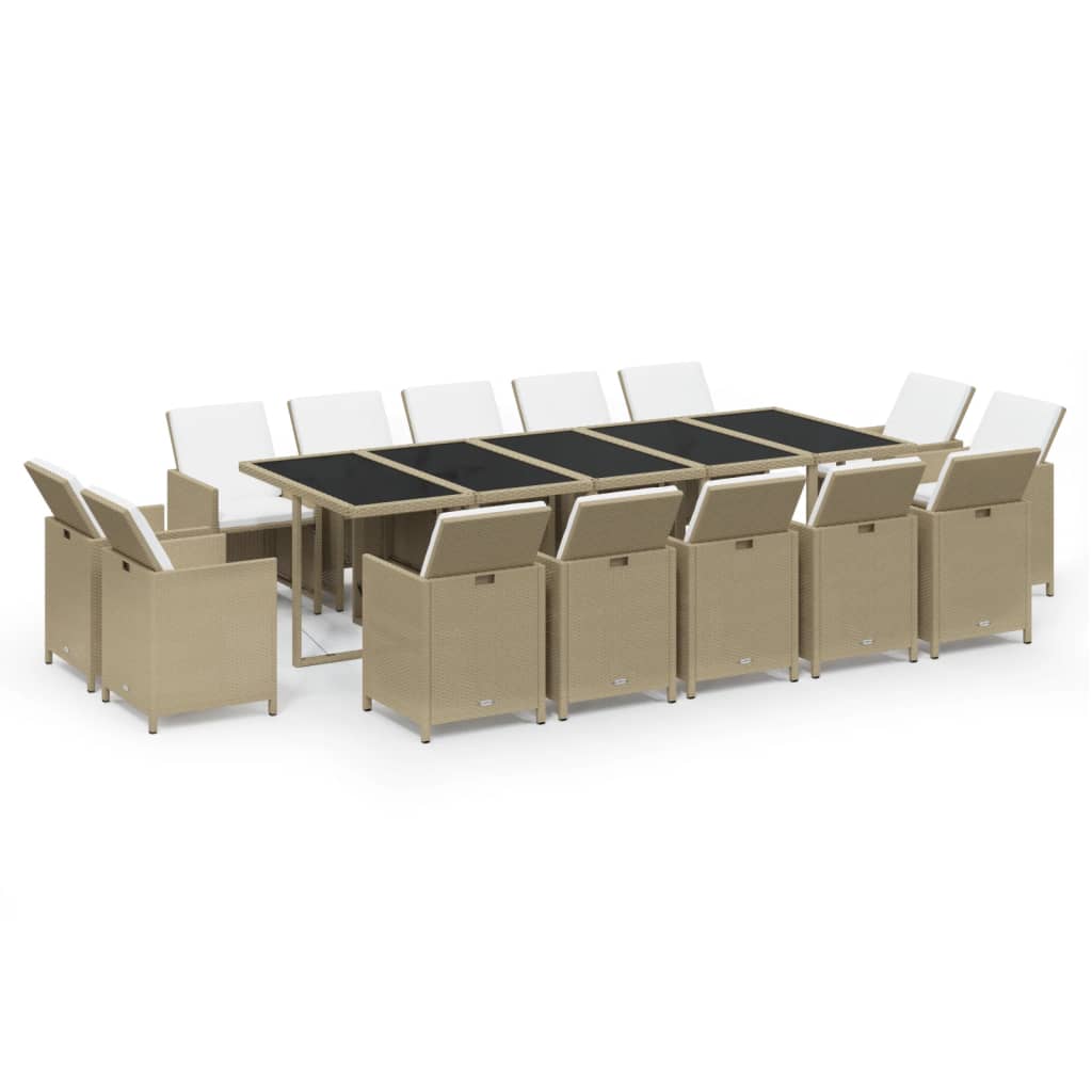 15 Pcs conjunto jantar p/ jardim c/ almofadões vime PE bege