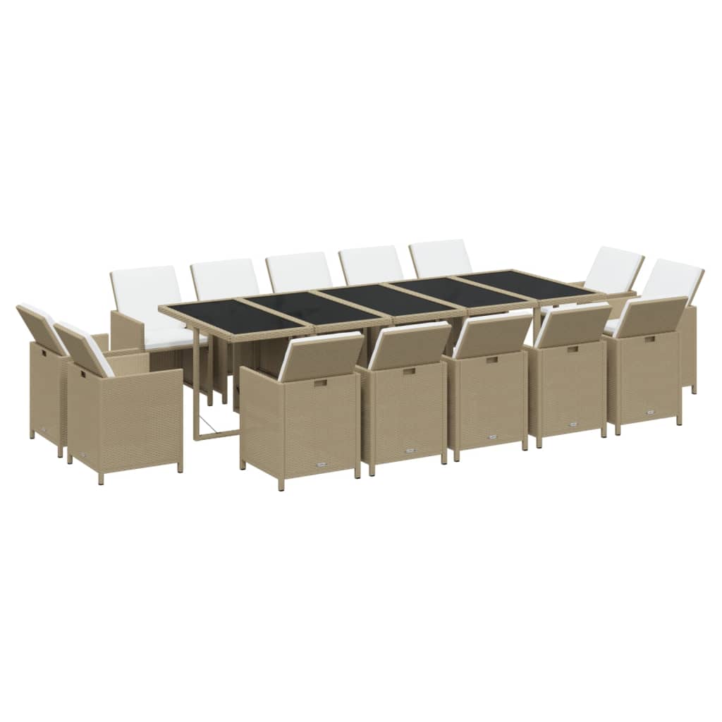 15 Pcs conjunto jantar p/ jardim c/ almofadões vime PE bege