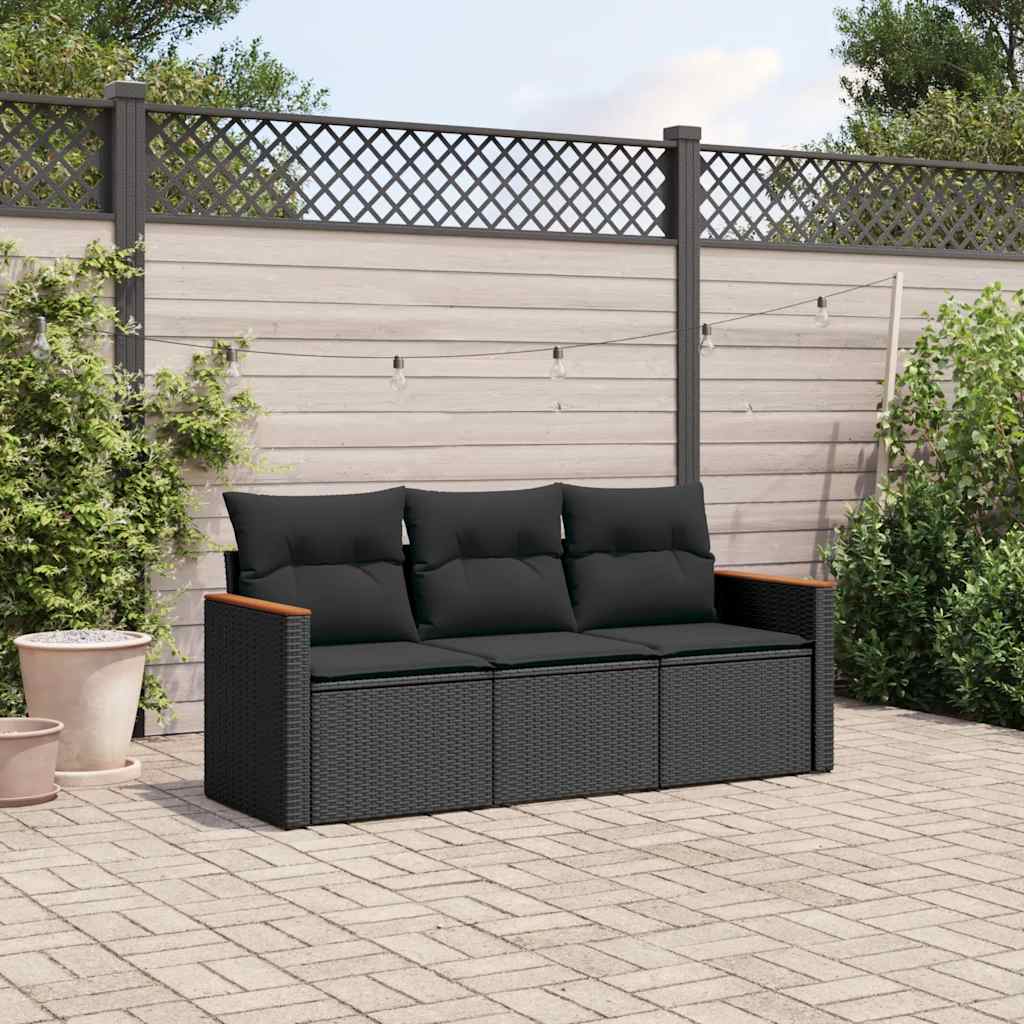 3 Pcs conjunto sofás de jardim com almofadões vime PE preto
