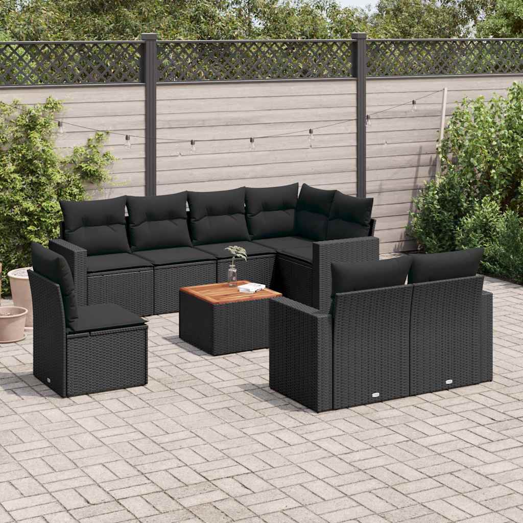 9 Pcs conjunto de sofás p/ jardim c/ almofadões vime PE preto