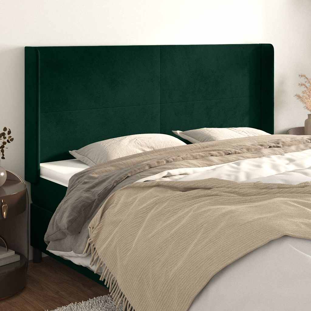 Cabeceira cama c/ abas veludo 203x16x118/128 cm verde-escuro