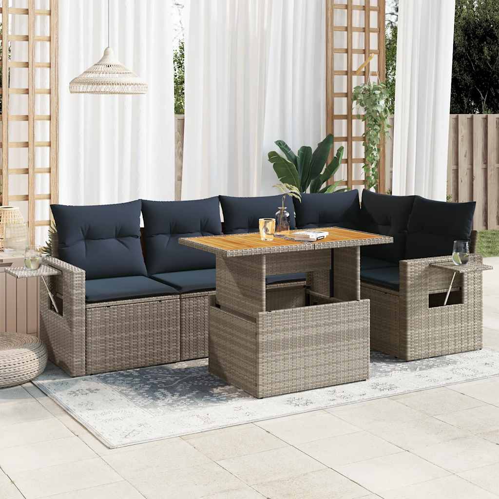 6 Pcs conjunto sofás de jardim com almofadões vime cinzento