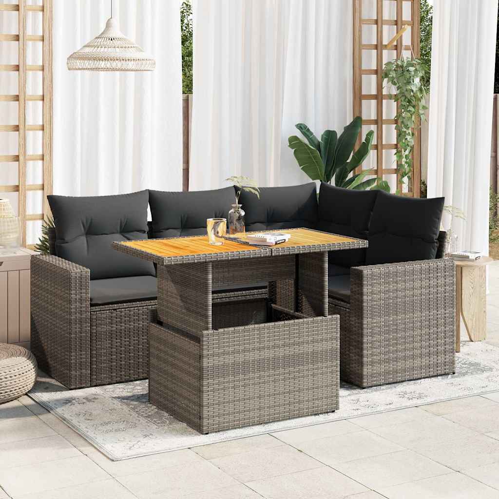 5 Pcs conjunto sofás de jardim c/ almofadões vime PE cinzento