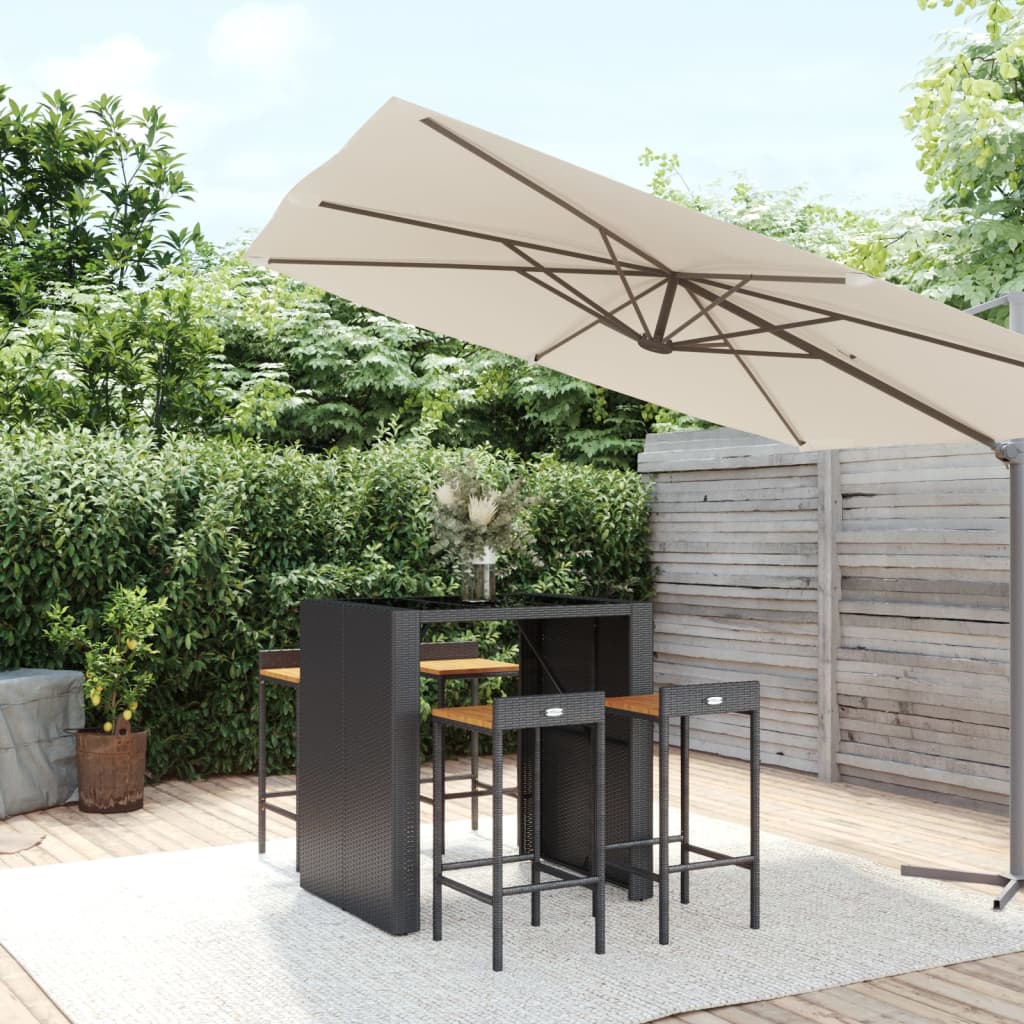 5 Pcs conjunto de bar p/ jardim vime PE/acácia maciça preto