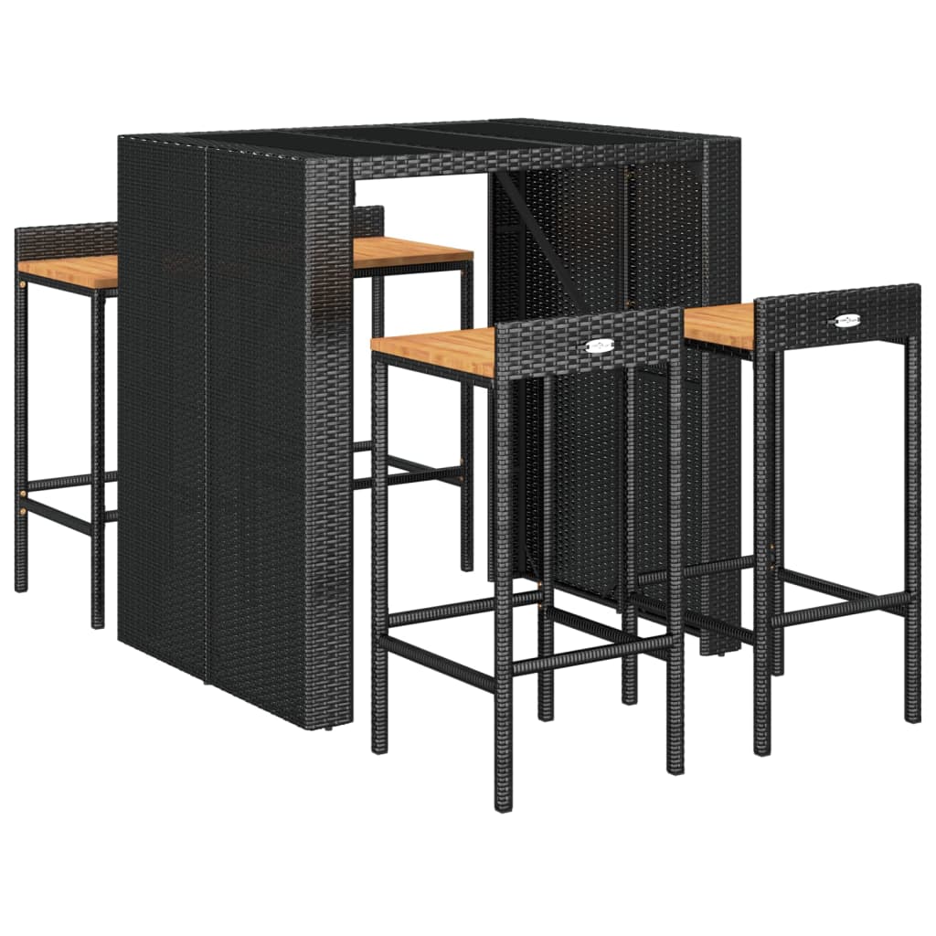 5 Pcs conjunto de bar p/ jardim vime PE/acácia maciça preto