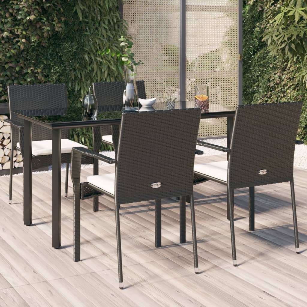 5 Pcs conjunto de jantar p/ jardim c/ almofadões vime PE preto