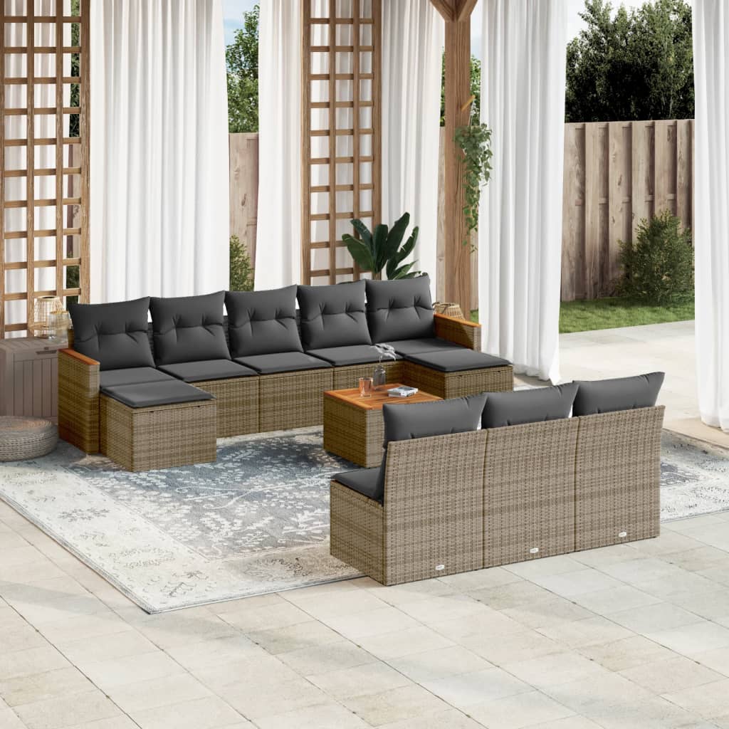 11 Pcs conjunto sofás de jardim c/ almofadões vime PE cinzento