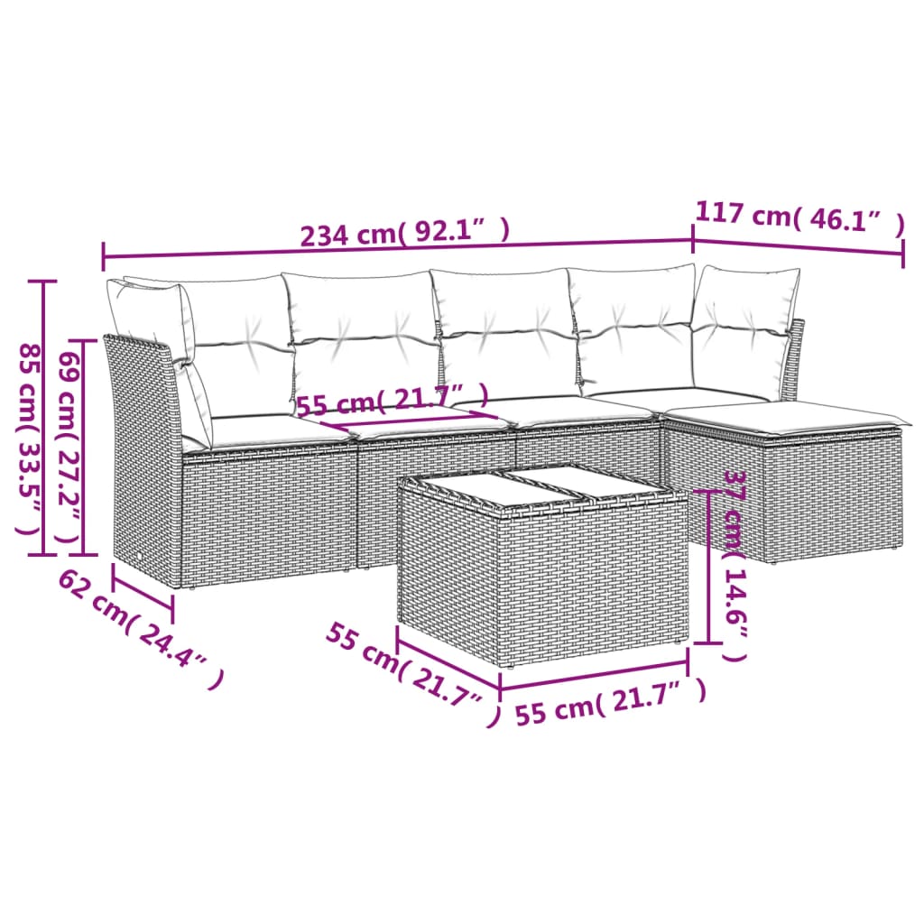 6 Pcs conjunto sofás de jardim c/ almofadões vime PE preto