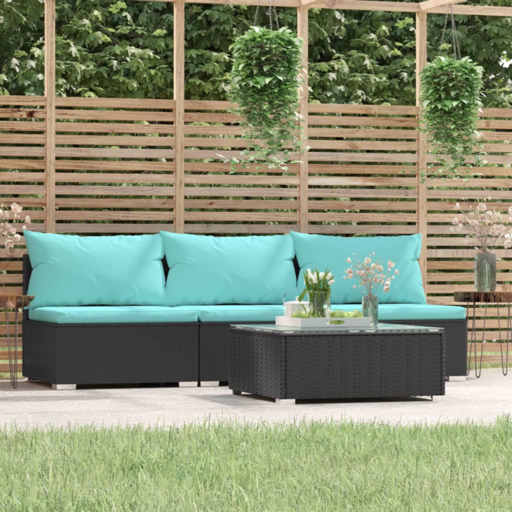 4 Pcs conjunto lounge de jardim c/ almofadões vime PE preto