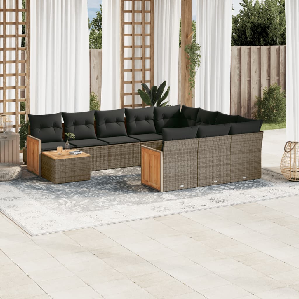 11 Pcs conjunto sofás de jardim c/ almofadões vime PE cinzento
